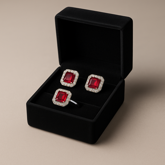 Ruby Flame Glow Set – Silver-Tone Earrings & Adjustable Ring