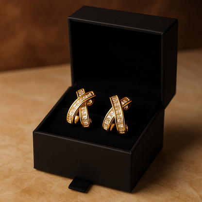 Gold Crossover Ribbon Stud Earrings with Sparkling Stones