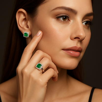 Emerald Ice Glow Set – Silver-Tone Earrings & Adjustable Ring