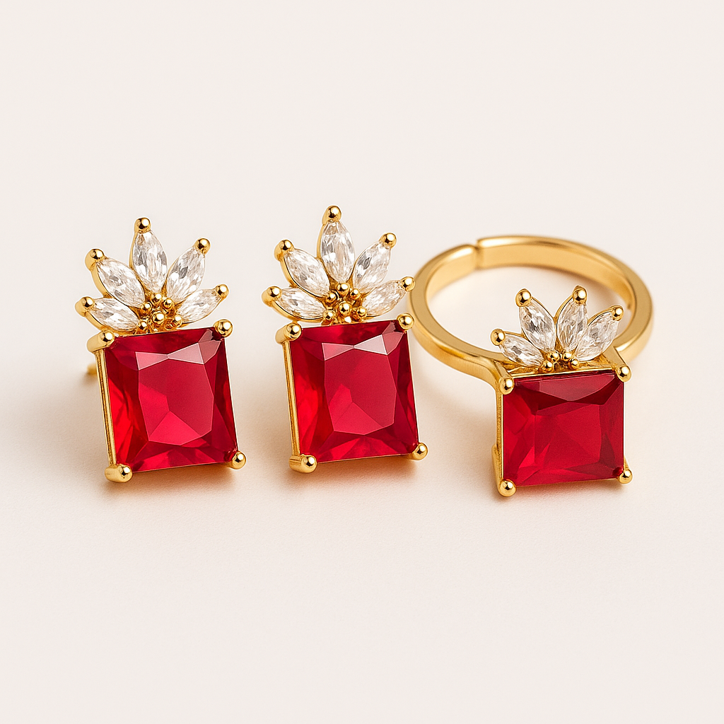 Royal Ruby Bloom Set – Gold-Plated Earrings & Adjustable Ring