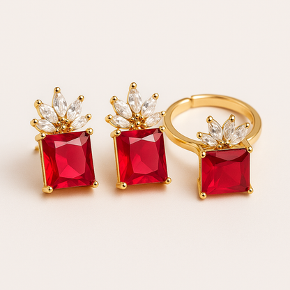 Royal Ruby Bloom Set – Gold-Plated Earrings & Adjustable Ring