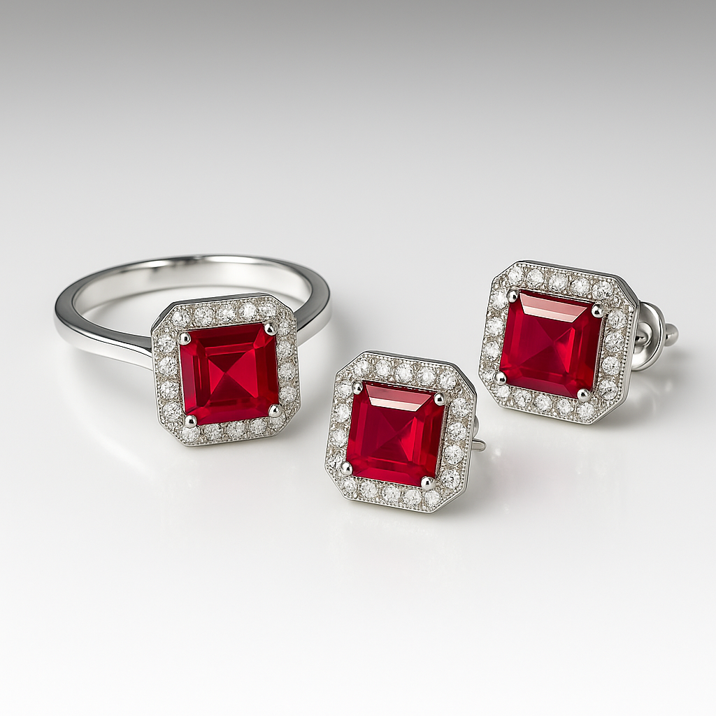 Ruby Flame Glow Set – Silver-Tone Earrings & Adjustable Ring