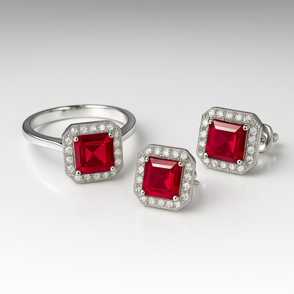 Ruby Flame Glow Set – Silver-Tone Earrings & Adjustable Ring