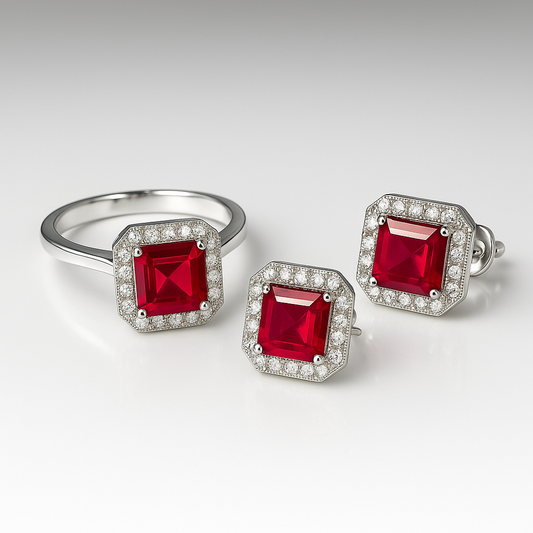 Ruby Flame Glow Set – Silver-Tone Earrings & Adjustable Ring