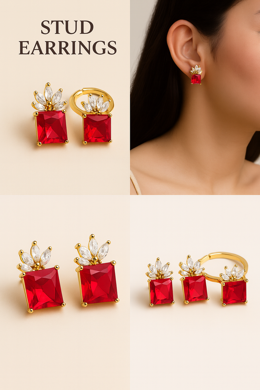 Royal Ruby Bloom Set – Gold-Plated Earrings & Adjustable Ring