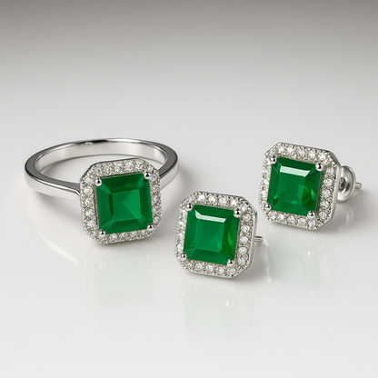 Emerald Ice Glow Set – Silver-Tone Earrings & Adjustable Ring