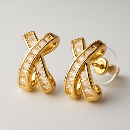 Gold Crossover Ribbon Stud Earrings with Sparkling Stones