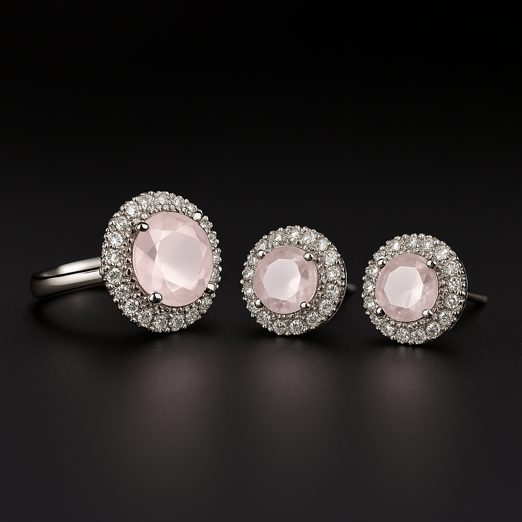Blush Pink Halo Ring & Stud Earrings Set – Silver Tone