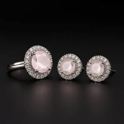 Blush Pink Halo Ring & Stud Earrings Set – Silver Tone
