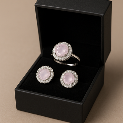 Blush Pink Halo Ring & Stud Earrings Set – Silver Tone