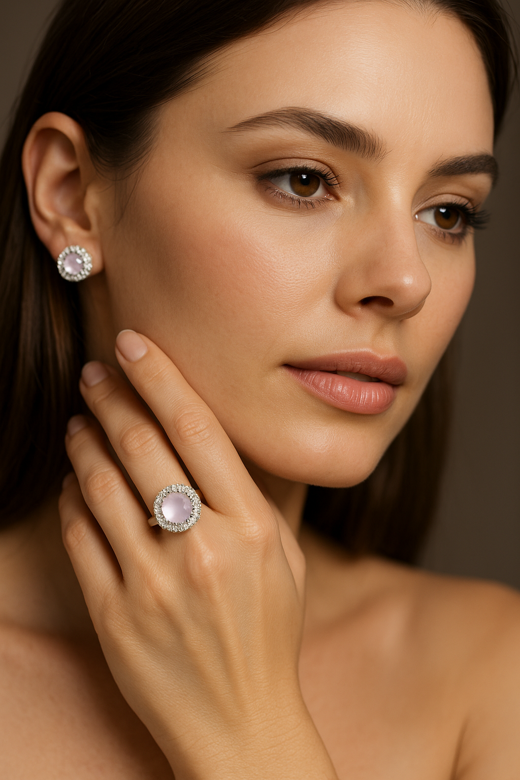 Blush Pink Halo Ring & Stud Earrings Set – Silver Tone