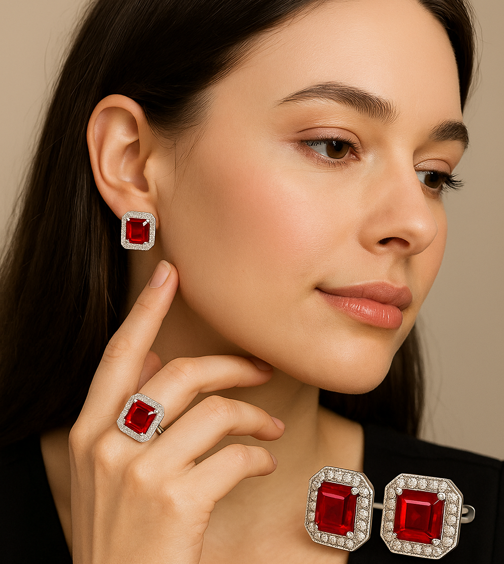 Ruby Flame Glow Set – Silver-Tone Earrings & Adjustable Ring