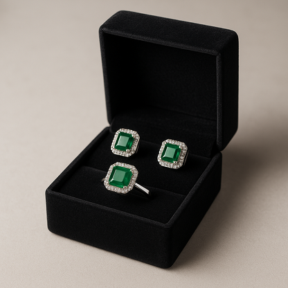 Emerald Ice Glow Set – Silver-Tone Earrings & Adjustable Ring